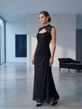 Alex Evenings Black Lace Mock Neck Illusion Cutout Gown